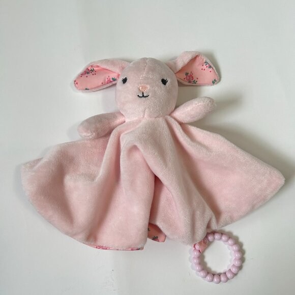 Modern Baby Pink Bunny Rabbit w/Flowers Lovey Security Round Blanket w/Teether - Picture 7 of 8